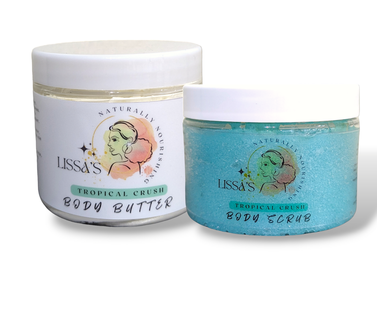 Tropical crush whipped body butter and emulsifying body scrub duo.